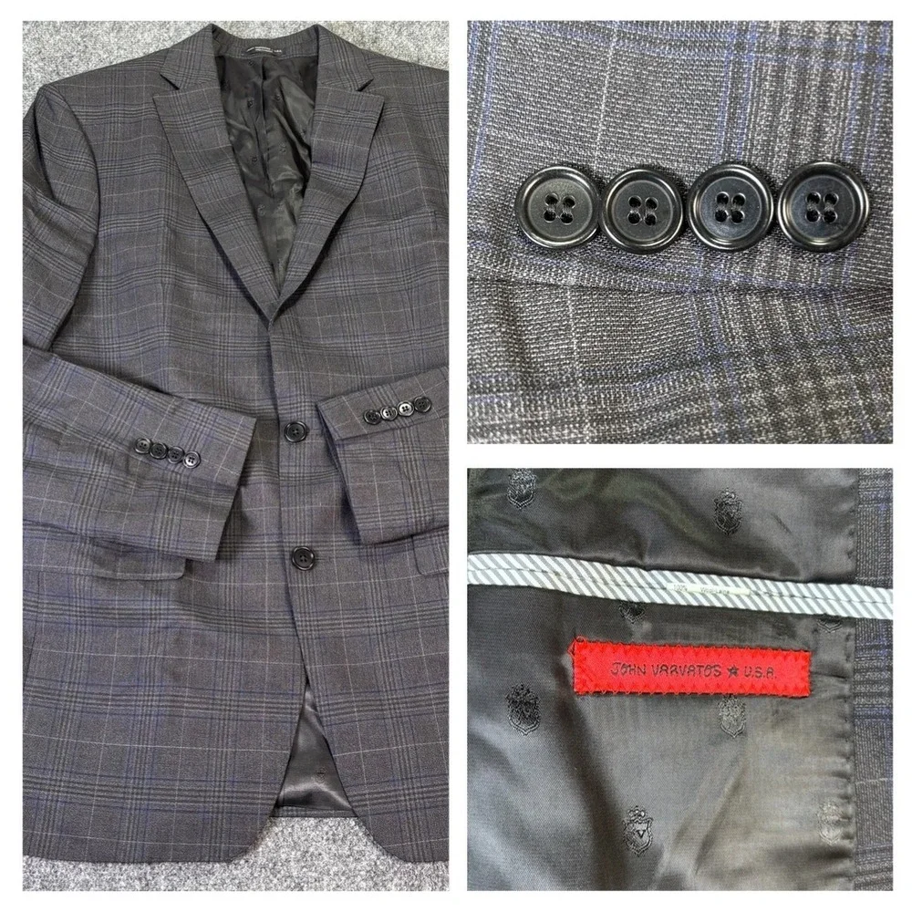 John Varvatos USA Mens 42L Wool Blazer Sport Coat Grey Blue Plaid Made in Canada